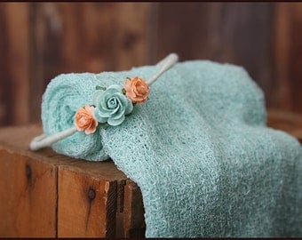 mint newborn wrap set * photo prop * peach and mint aqua halo * adjustable headband * stretch knit wrap