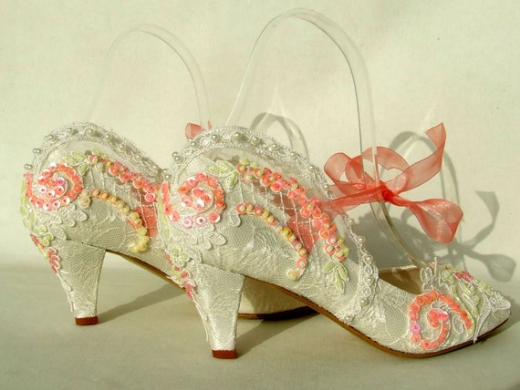 CoralYellow Embroidered Lace Bridal Shoes with Pearls in Ivory,2 34 ...