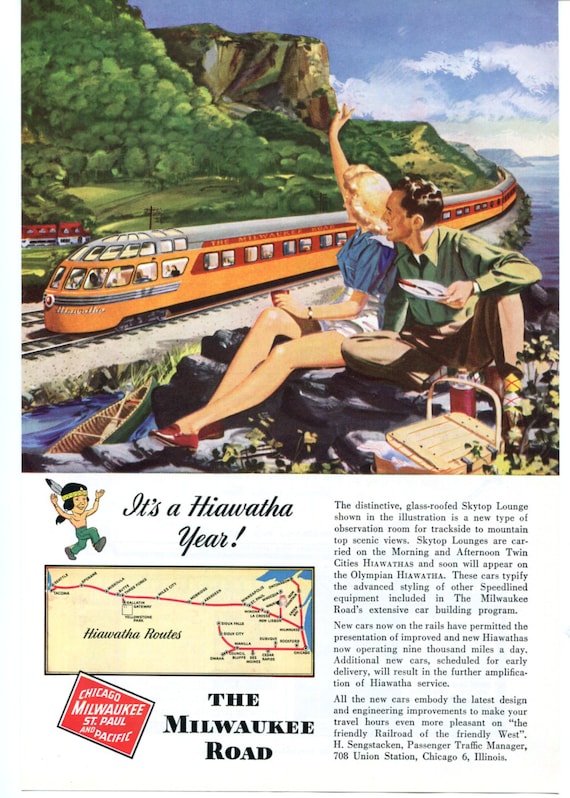 1948 Milwaukee Road Hiawatha Train Railroad Ad Skytop Lounge Chicago Travel Tourism Couple on Picnic in Mountains