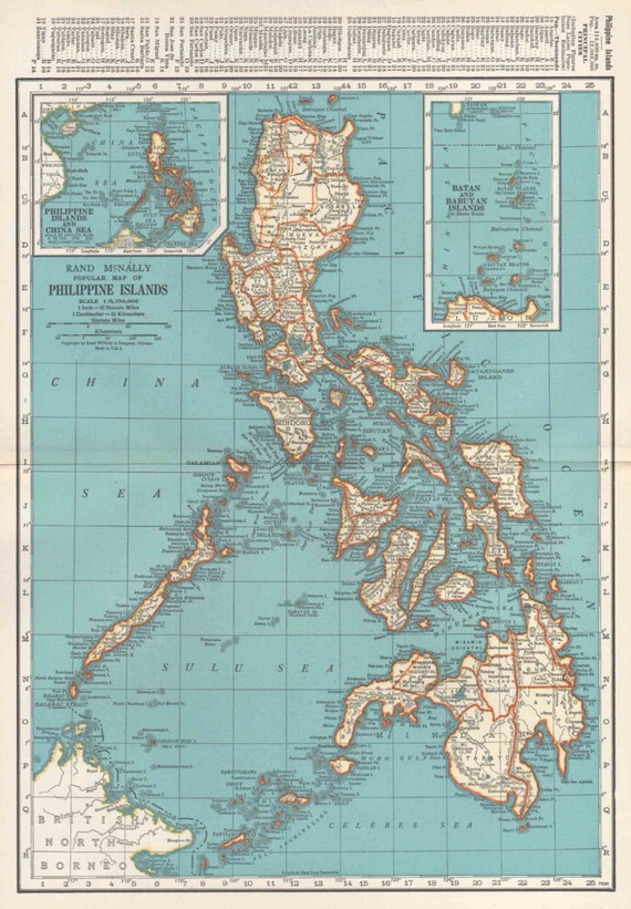 PHILIPPINES Map Vintage 1930's Map Rand McNally Wall