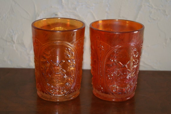 Lot Of 2 Vintage Marigold Carnival Glass Tumblers WINDMILL Pattern By Imperial Glass