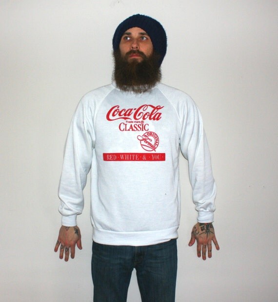 Vintage Coca Cola Classic 80s Sweatshirt. Bright White Mens Or