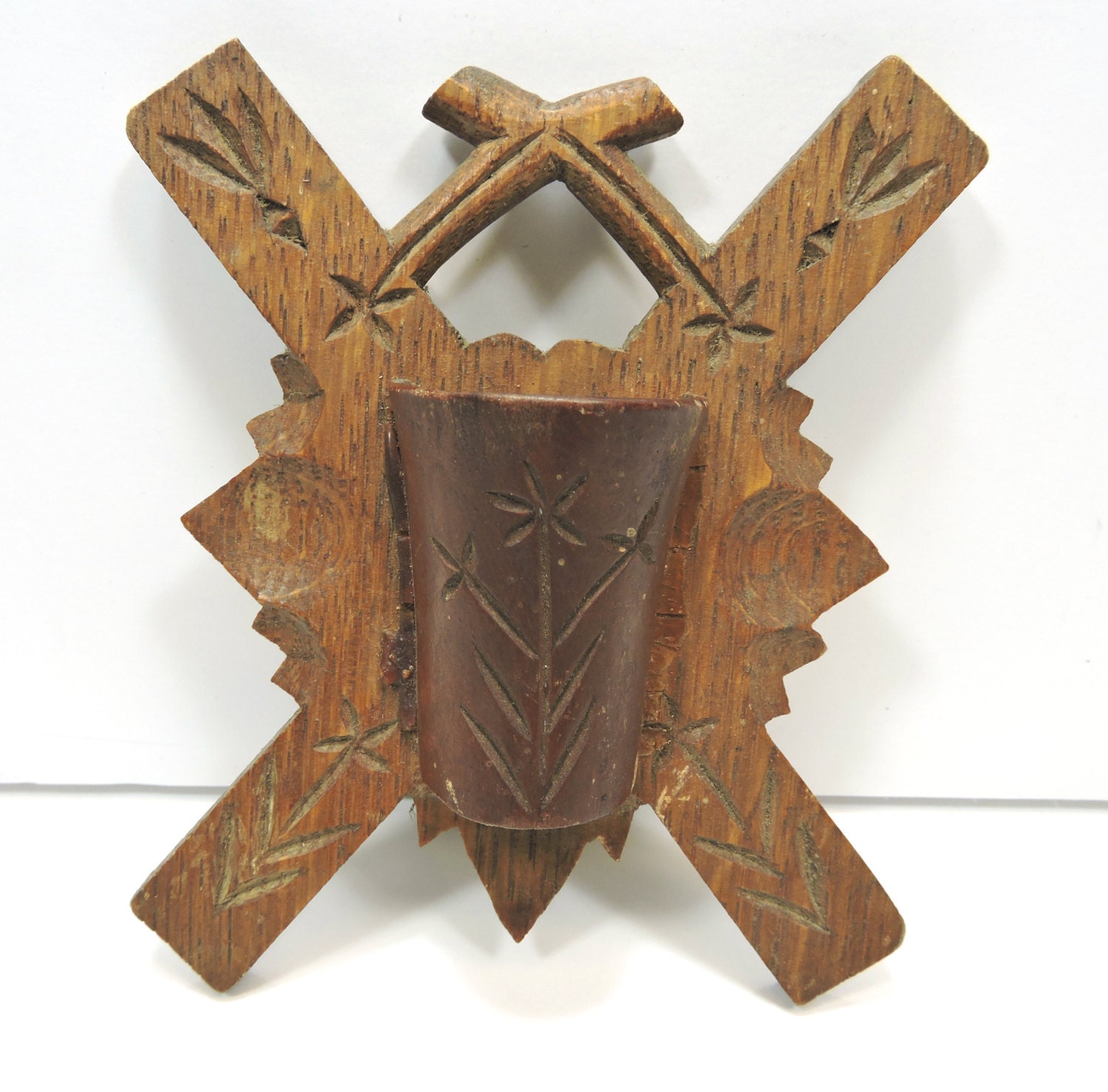 Antique Match Holder Wooden Wall Mount Primitive by