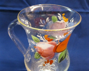Antique Glass "Remember Me" Mug, Enamel Painted Flowers, Orange Shield, Gold Lettering, Nineteenth Century