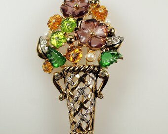 Vintage L'OFFICIEL Fruit Salad Glass Rhinestone Faux Pearl Basket Urn Pin Brooch