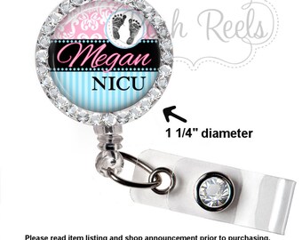 Retractable Badge Holder - Personalized Bling Rhinestone NICU Nurse Badge ID Reel, Nurse Badge Reel, Bling Badge Reel - 0031