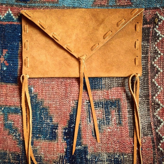 BOHO ENVELOP CLUTCH, fringe, stitch work, handmade, natural cowhide, hippy fun for festival fashion!