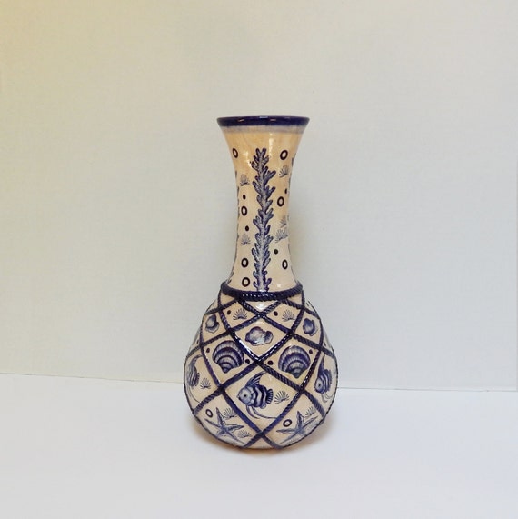 Vintage Tall Vase Blue Vase Nautical Vase by FairfaxDavis on Etsy