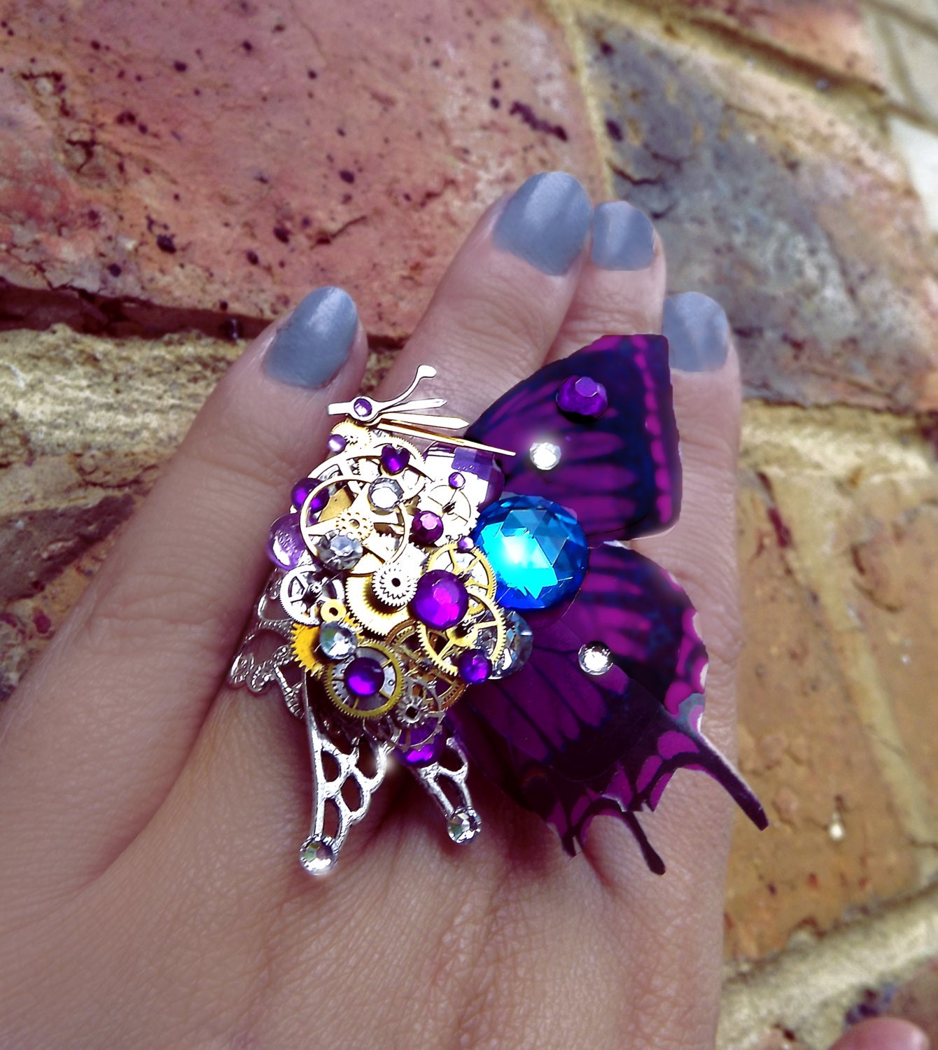 Steampunk ring, butterfly ring, purple ring, silver steampunk, filigree ring, cocktail boho ring, OOAK, magic ring, watch gear ring, art