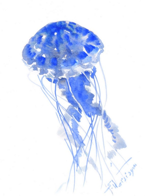 Blue Jellyfish Painting Original Watercolor 12 X 9 In Blue