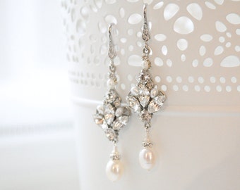 Bridal Earrings Chandelier, Wedding Earrings Vintage, Art Deco Bridal Jewelry, Earrings Pearl and Crystal