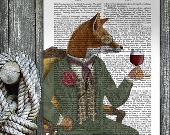 Woodland Animal Print - Wine Tasting Fox, Portrait giclee poster wine lover gift wine print fox wall art fox print home decor