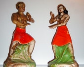 16" Vintage 1950s Hawaiian / Polynesian Tribal Dancing figurines