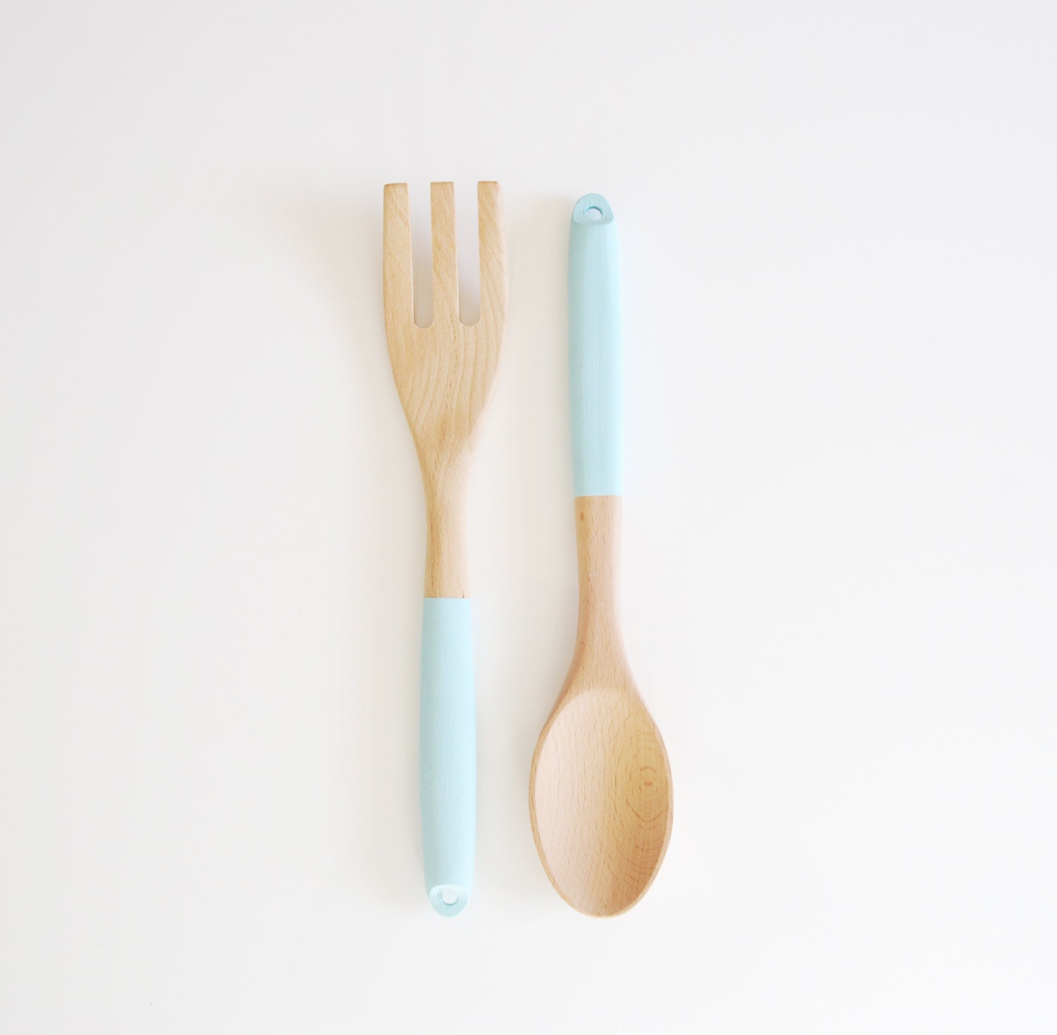 Robin Egg Blue Wood Kitchen Utensil Set Wood Salad Serving