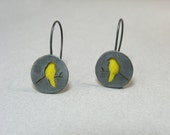 Bird on a branch earrings, silver with wild Indian silk, Black oxidized silver yellow birds, minimalist everyday earrings