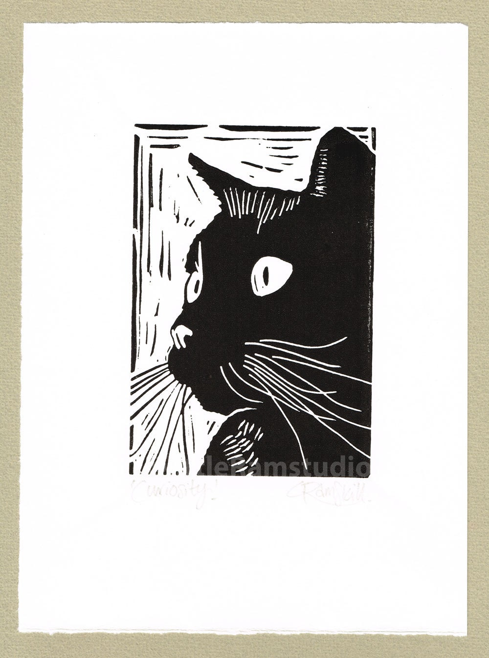Black Cat Art Print 'Curiosity' Linocut Print