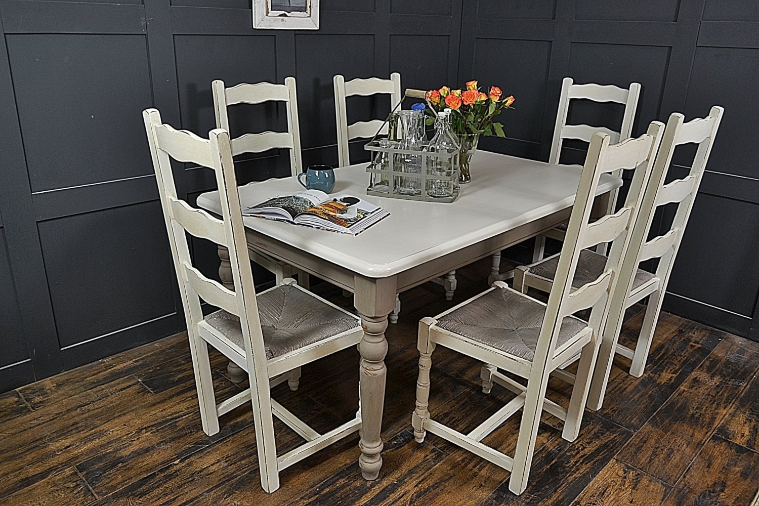 Grey & White Farmhouse Dining Table with 6 by TheTreasureTroveUK