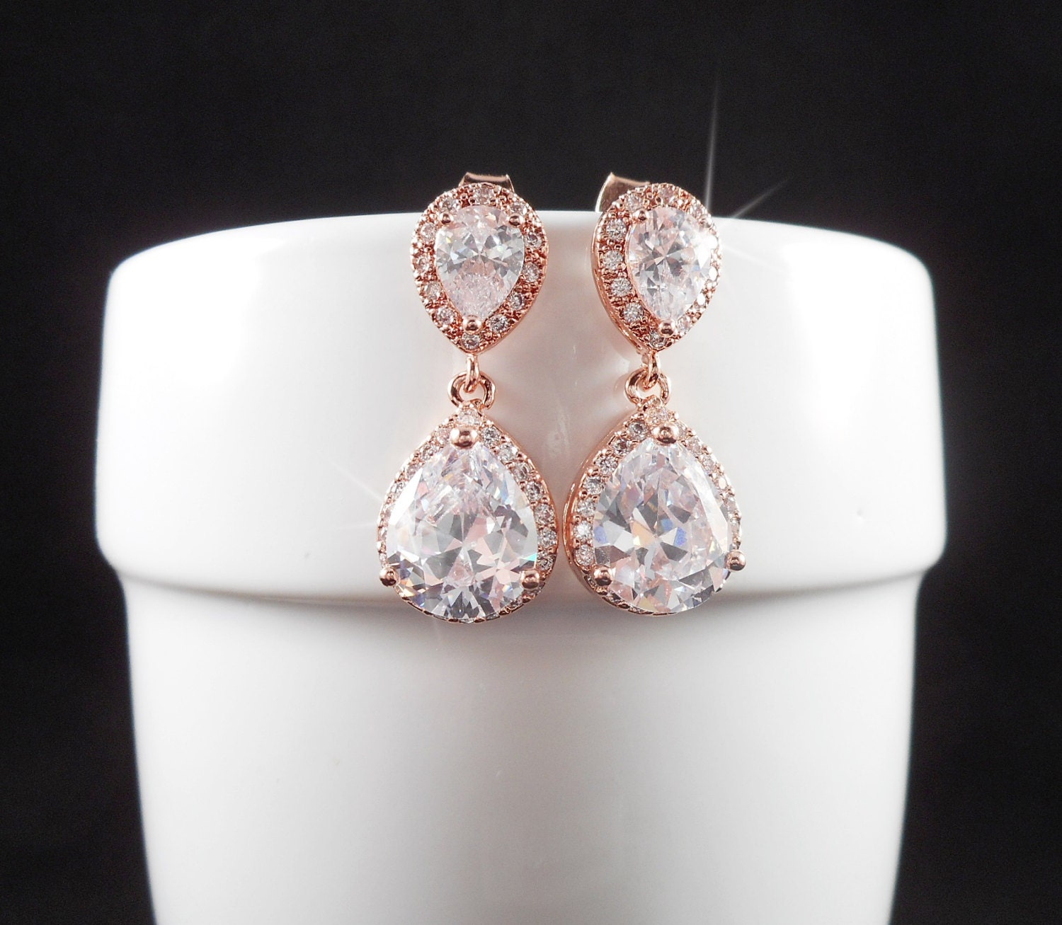 FREE SHIPPING Rose Gold Crystal Bridal Earrings Rose Gold