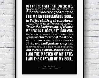 Invictus, i am the master of my fate, invictus poem, inspirational quote, Poems, Graduation gift, William Henley, wall art, typography