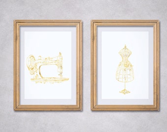 Gifts for Sewers - Sewing Machine Art - Dressform Mannequin - Real Gold Foil - Gold Leaf - Sewing Gifts - Sewing Room Decor - Chic Decor