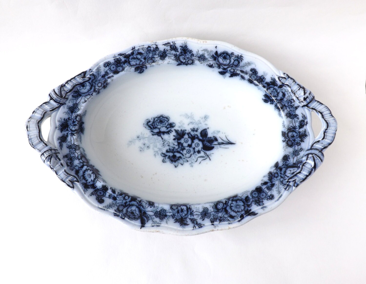 Antique Flow Blue Ironstone Serving Dish Victorian Flo Blue