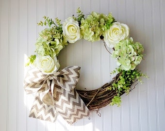 Green hydrangea and cream rose wreath. summer wreath. wreath for summer. front door wreath. spring wreath. door wreath