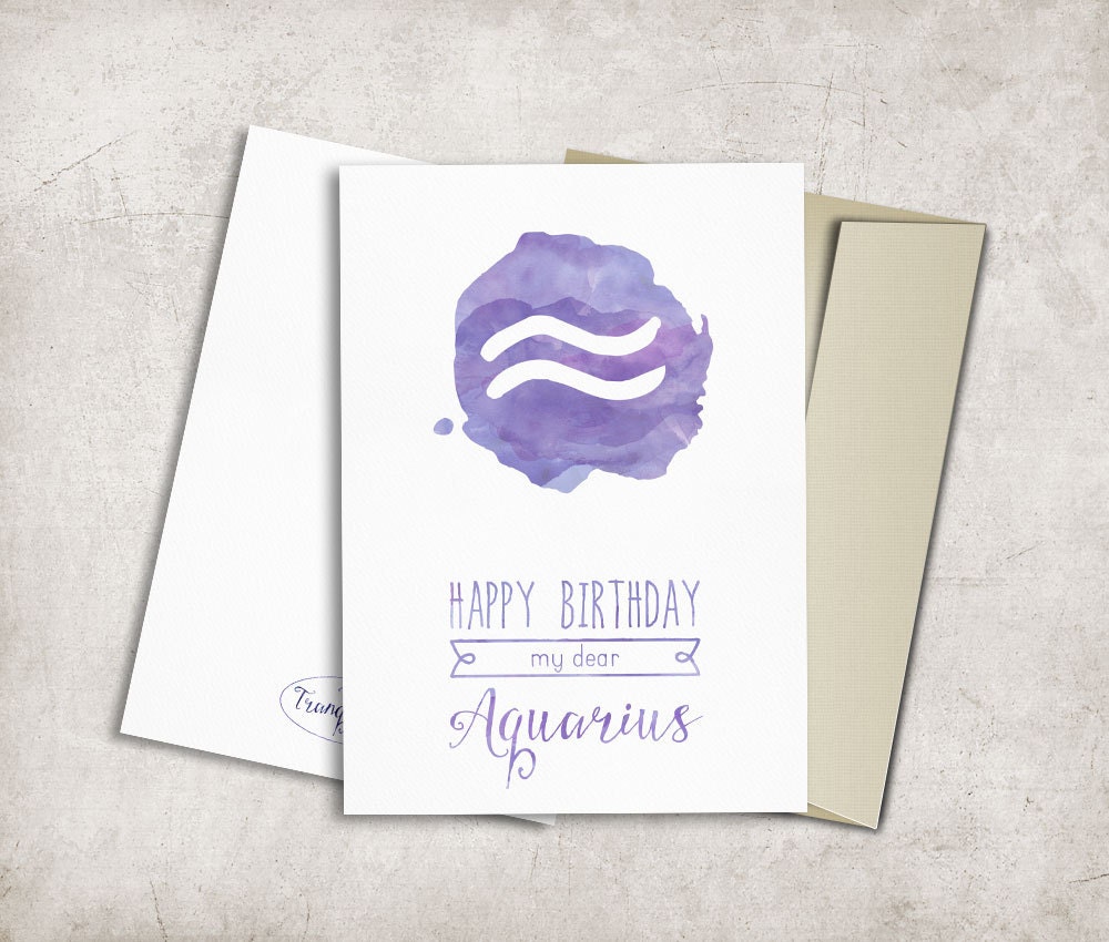 Aquarius Birthday Card Printable Watercolor Zodiac Birthday