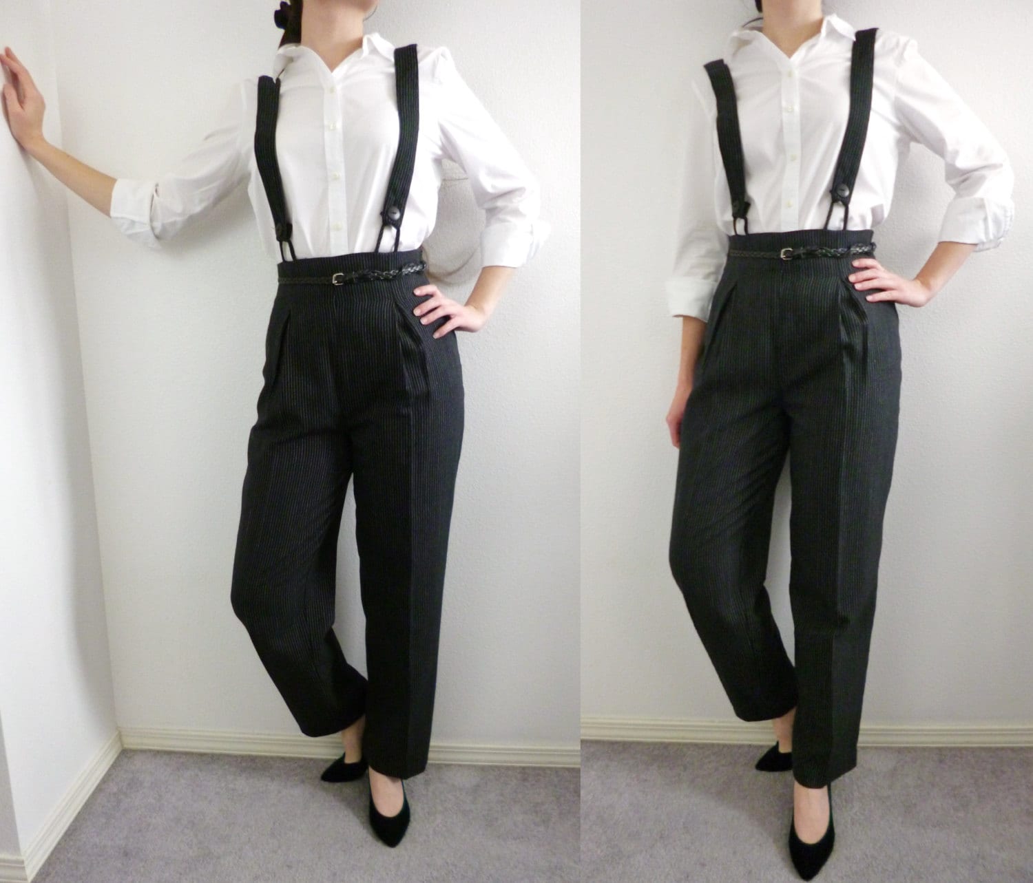 striped suspender pants