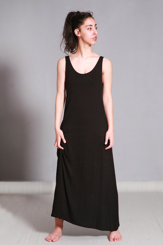 Long Black Summer Dress Cotton Jersey Sleeveless Maxi Dress