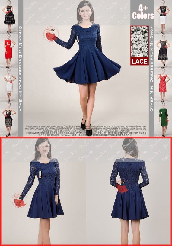 Blue Lace Chiffon Dress / Blue Fit and Flare Dress / Long