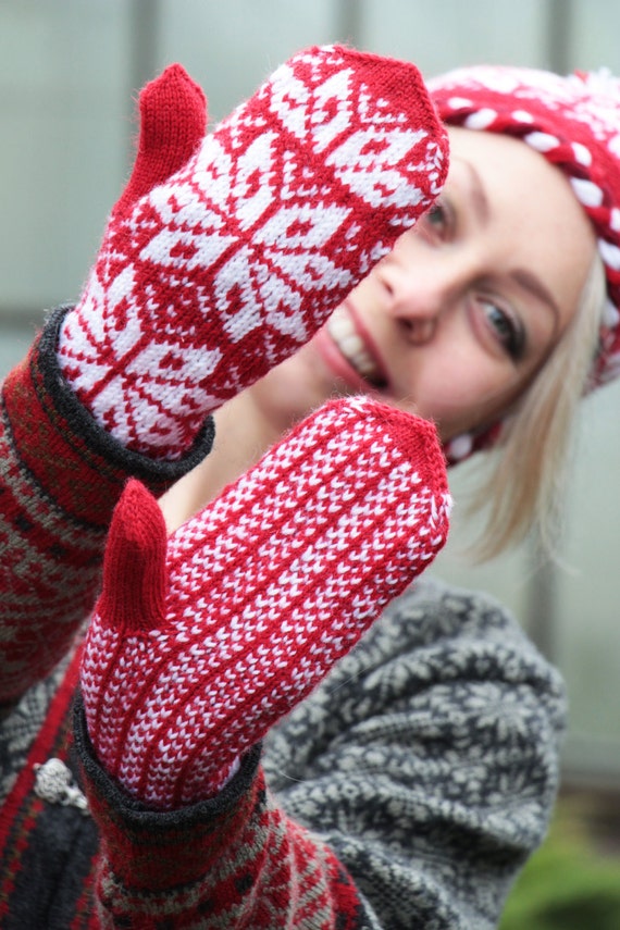 Red knit gloves - mittens knitted arm warmers - red white women accessories - winter knitting snowflakes Scandinavian patterned gloves gift