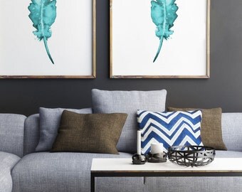 Set of 2, Feathers Wall Decor, Teal Art Print, Two Posters, Turquoise Giclee Print, Feather painting