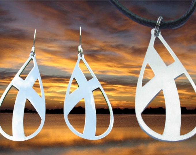 Silver Teardrop Cross Earrings Necklace Set Cut Out Crossed Roads Style Womens Girls Christian Jewelry - Saint Michaels Jewelry
