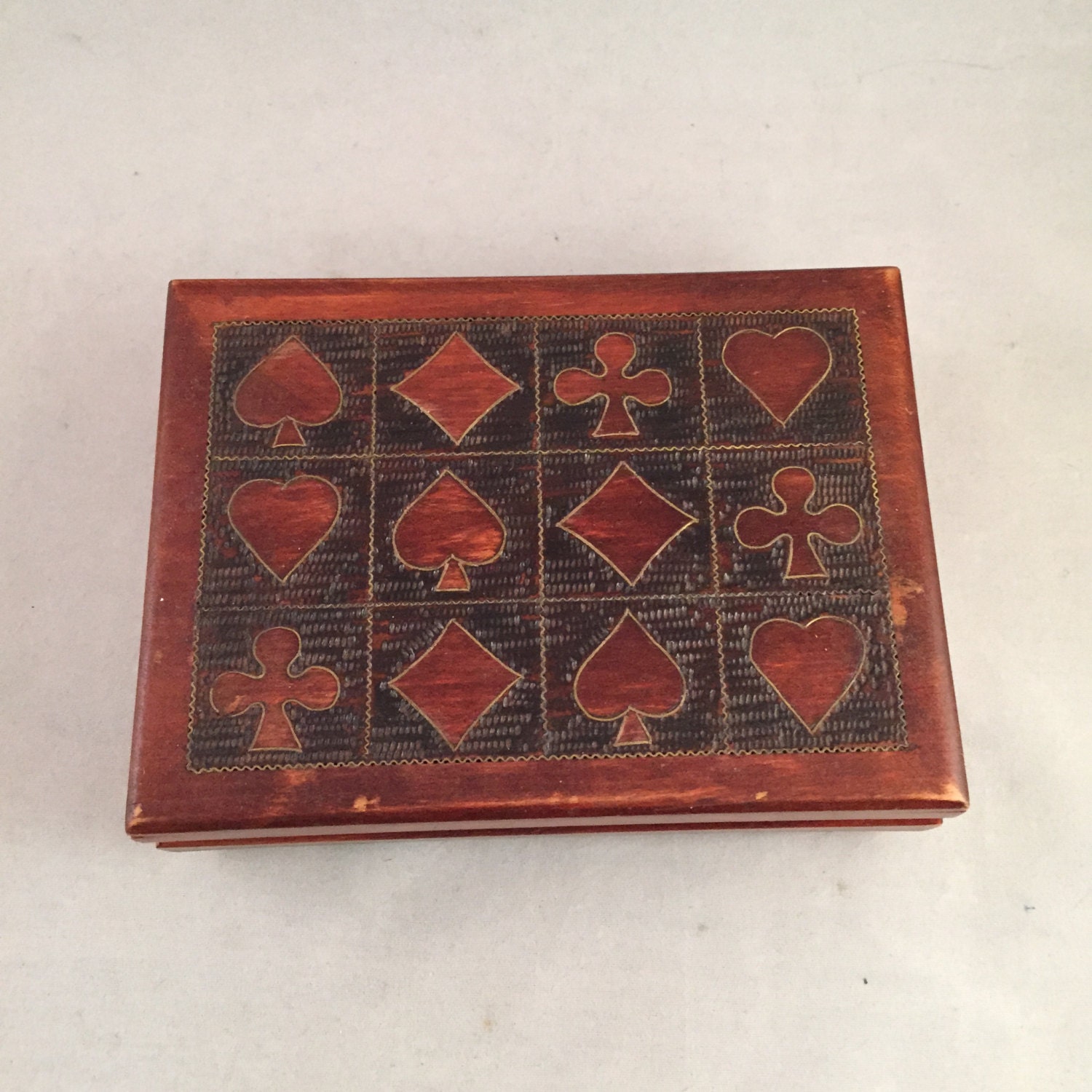 Vintage Wood Inlay Playing Card Box/Holder For Two Decks of Cards ...