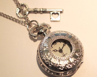 Alice in Wonderland Pocket Watch Necklace -Vintage SILVER Clock Jewellery -Key Heart Charm -Mad Hatters -Kitsch Gift Present- Long Necklace