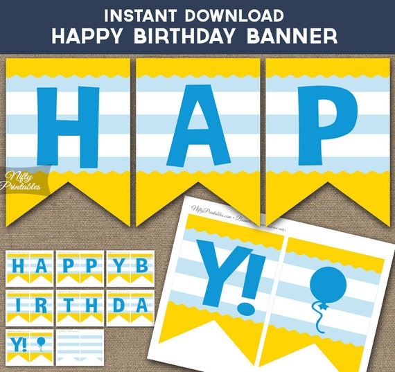 Birthday Banner Printable Happy Birthday Banner Cute Blue