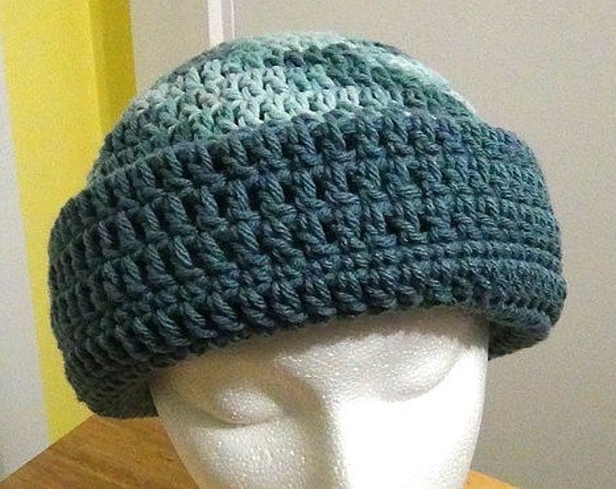 Cadet Blue and Variegated Colonial Blues Hat - Wedgewood Blue Winter Hat - Reversible Head Wear - Rolled Brim Hat