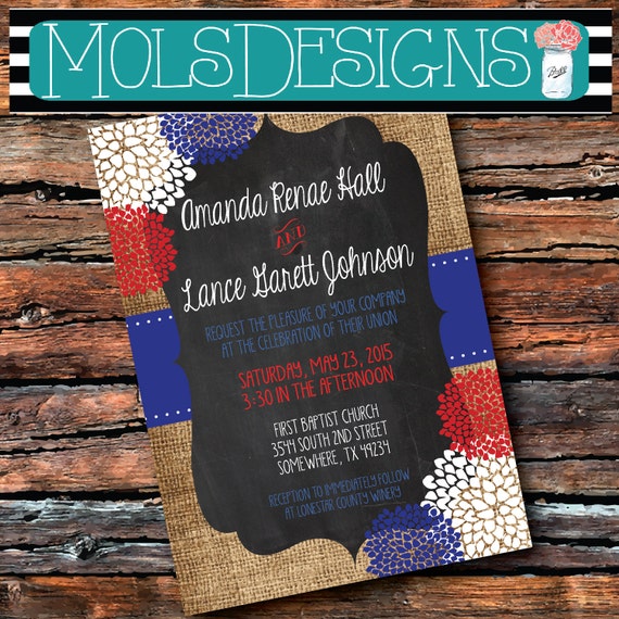 Red White Blue Floral Burlap Invitation