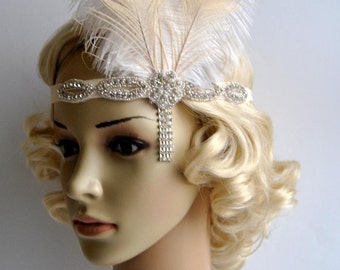 Ivory Peacock 1920s headpiece,rhinestone flapper headband Headpiece, The Great Gatsby, rhinestones headband, rhinestone feather headpiece