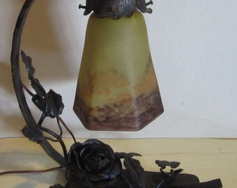 art deco wrought iron table lamp with pate de verre shade Degué