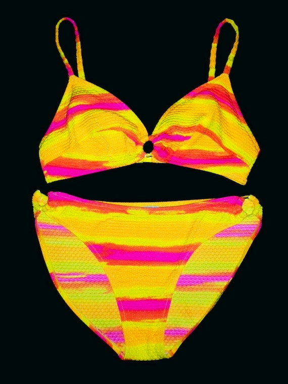 80s Neon Ombre Striped Multicolor Spaghetti Strap Bra Bikini