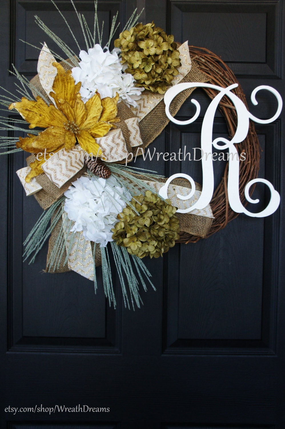 Christmas Wreath with Hydrangeas, Gold Poinsettia & Bulap Bow. Christmas Wreath. Winter Wreath. House Warming Gift. Christmas Gift.