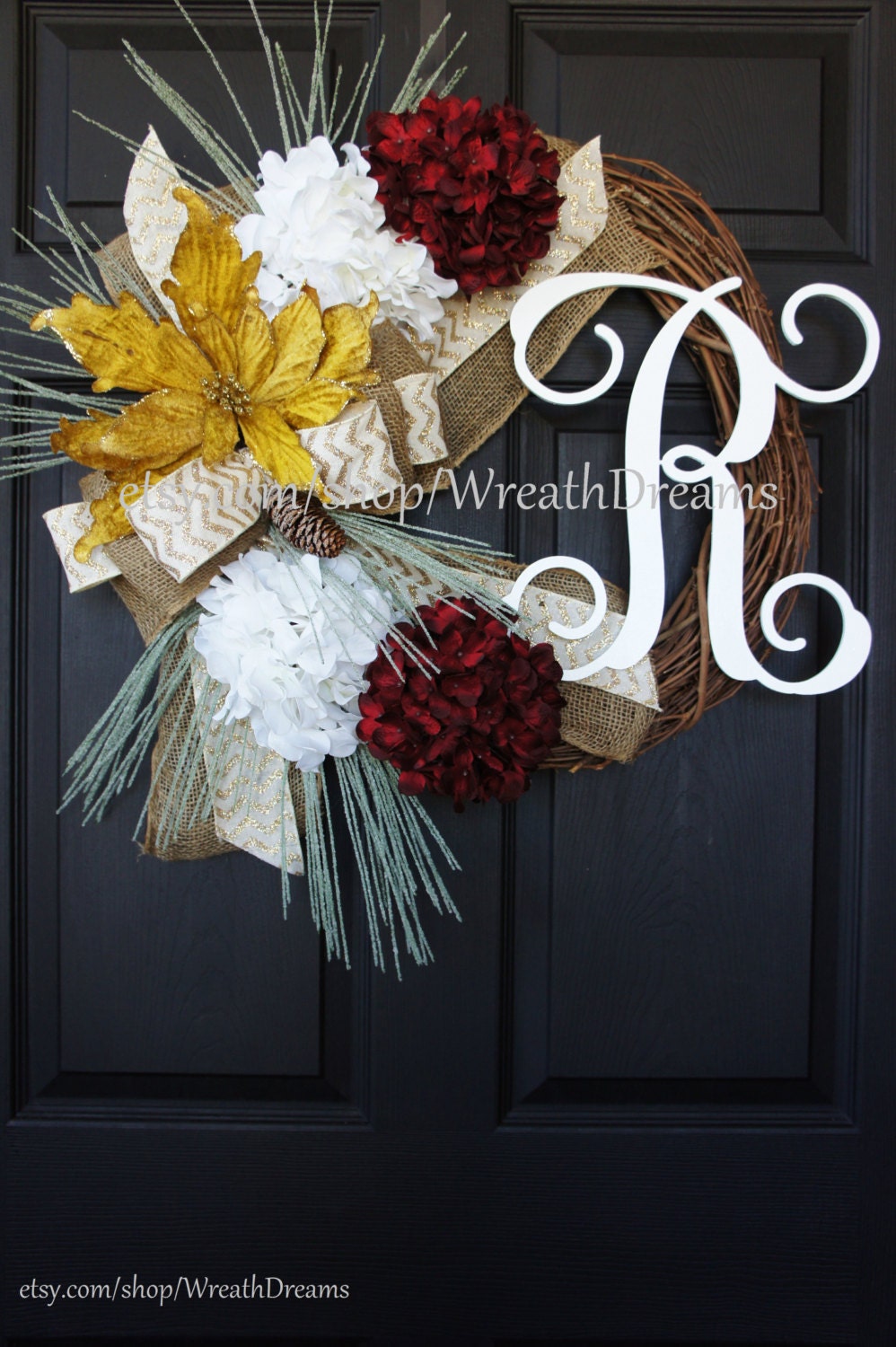 Christmas Wreath with Hydrangeas, Gold Poinsettia & Bulap Bow. Christmas Wreath. Winter Wreath. House Warming Gift. Christmas Gift.