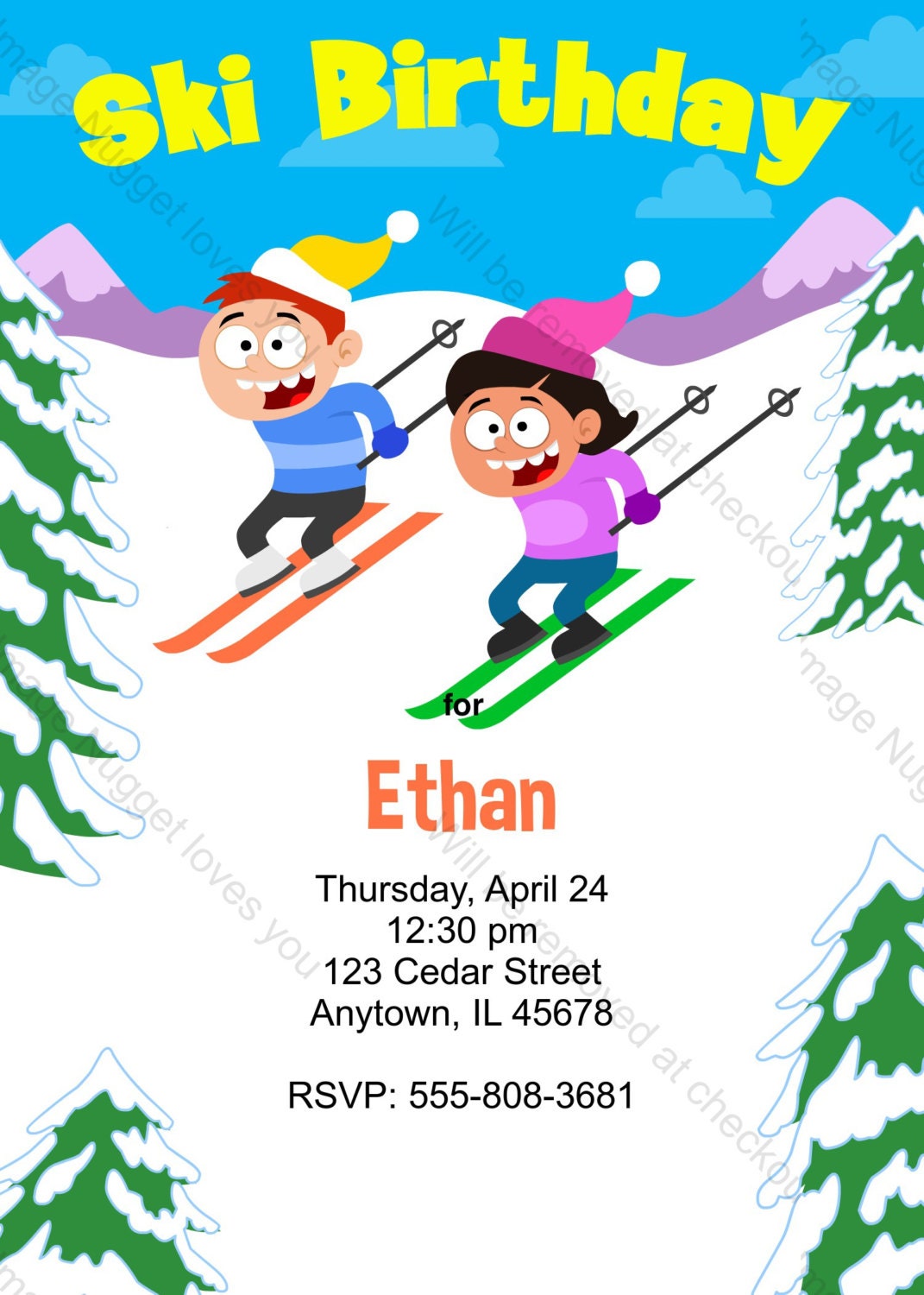 Snow Skiing Birthday Party Invitation printable birthday