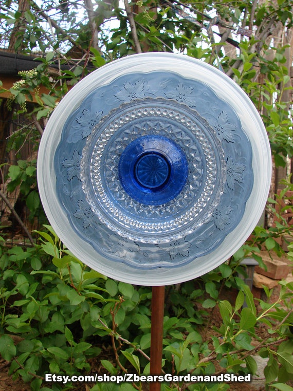 Royal Blue Glass Plate Flower Garden Stake by ZbearsGardenandShed