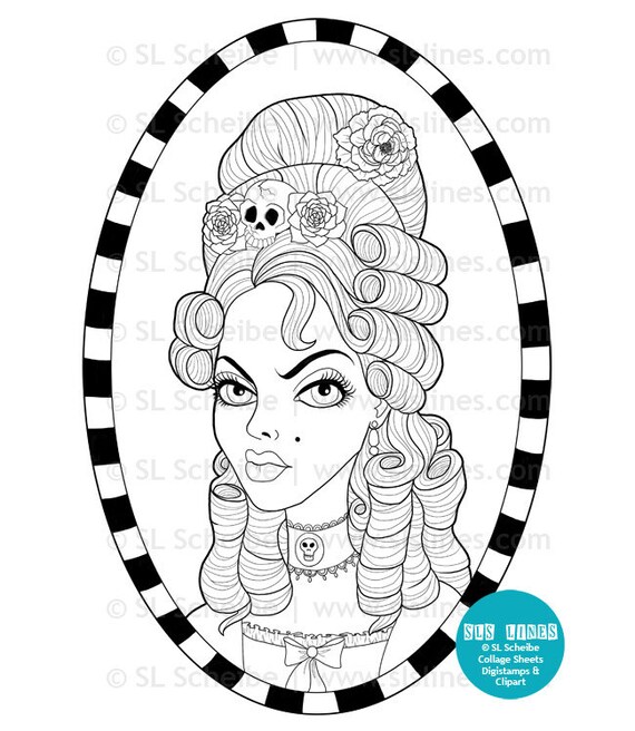 Digital timbre goth Marie Antoinette avec des crânes et des fleurs dans la ruche cheveux digistamp et coloriage de lignes de SLS