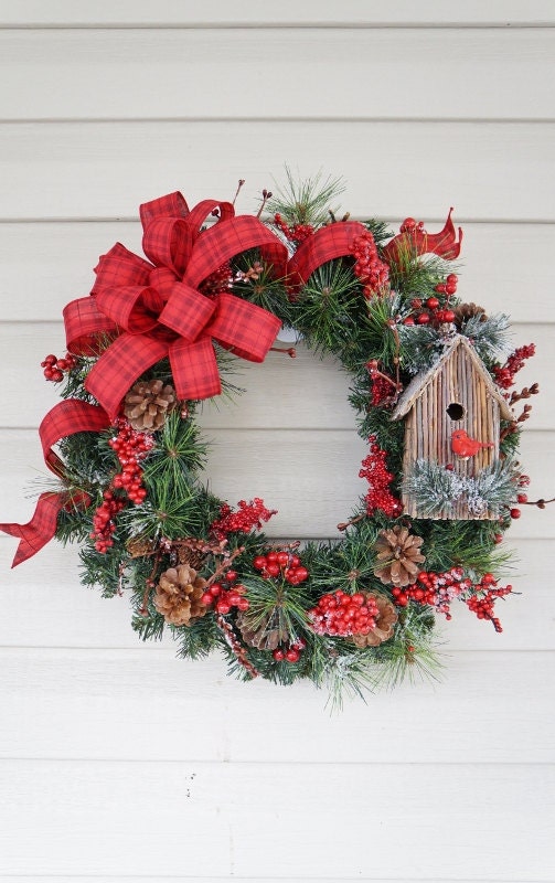 Christmas Wreath, Cardinal Birdhouse Wreath, Winter Wreath, Pine Cone Wreath, Rustic Wreath, Berry Wreath, Red Wreath, White Christmas