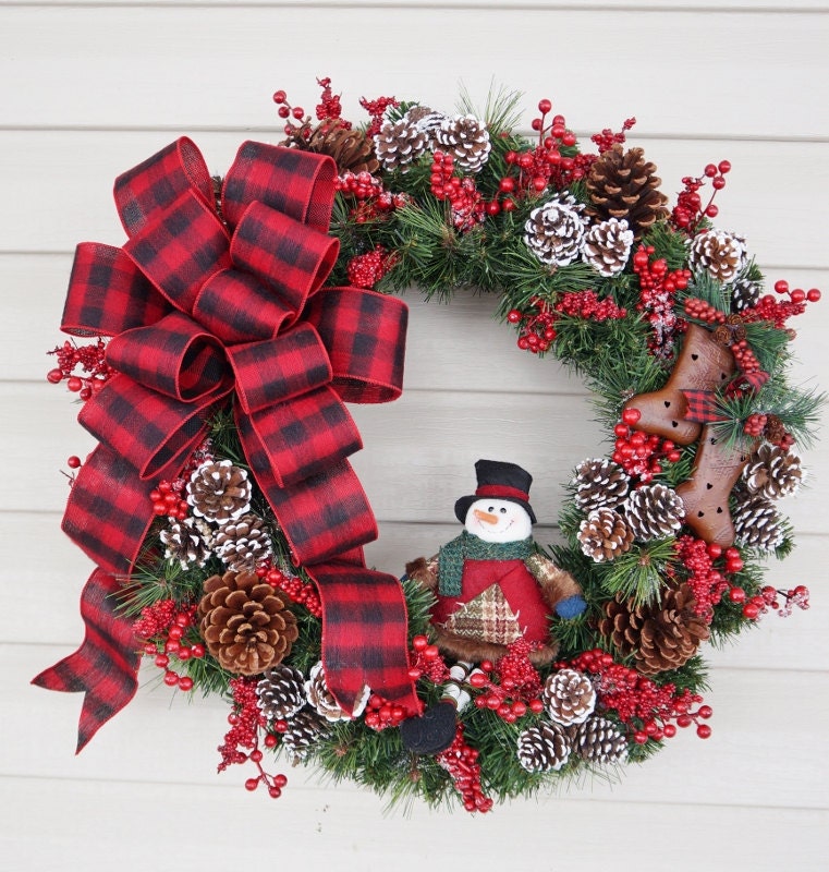 Christmas Wreath, Snowman Wreath, White Tipped Pine Cone Wreath, Rustic Wreath, Country Wreath, Winter Wreath, Berry Wreath