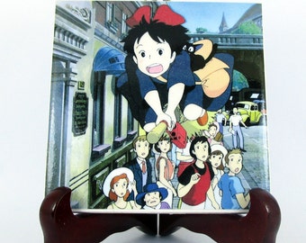 Kiki flying on the broom from Kiki's Delivery Service, collectible ceramic tile, Studio Ghibli , Miyazaki, Anime ,Manga ,Japan Mod.1