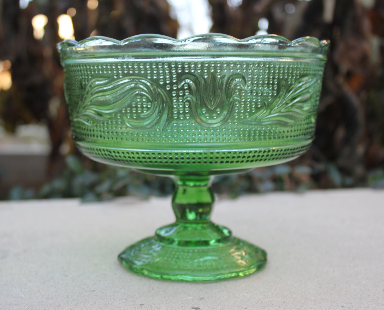 Green Glass Pedestal Candy Bowl Pressed green by BlueWolfHome